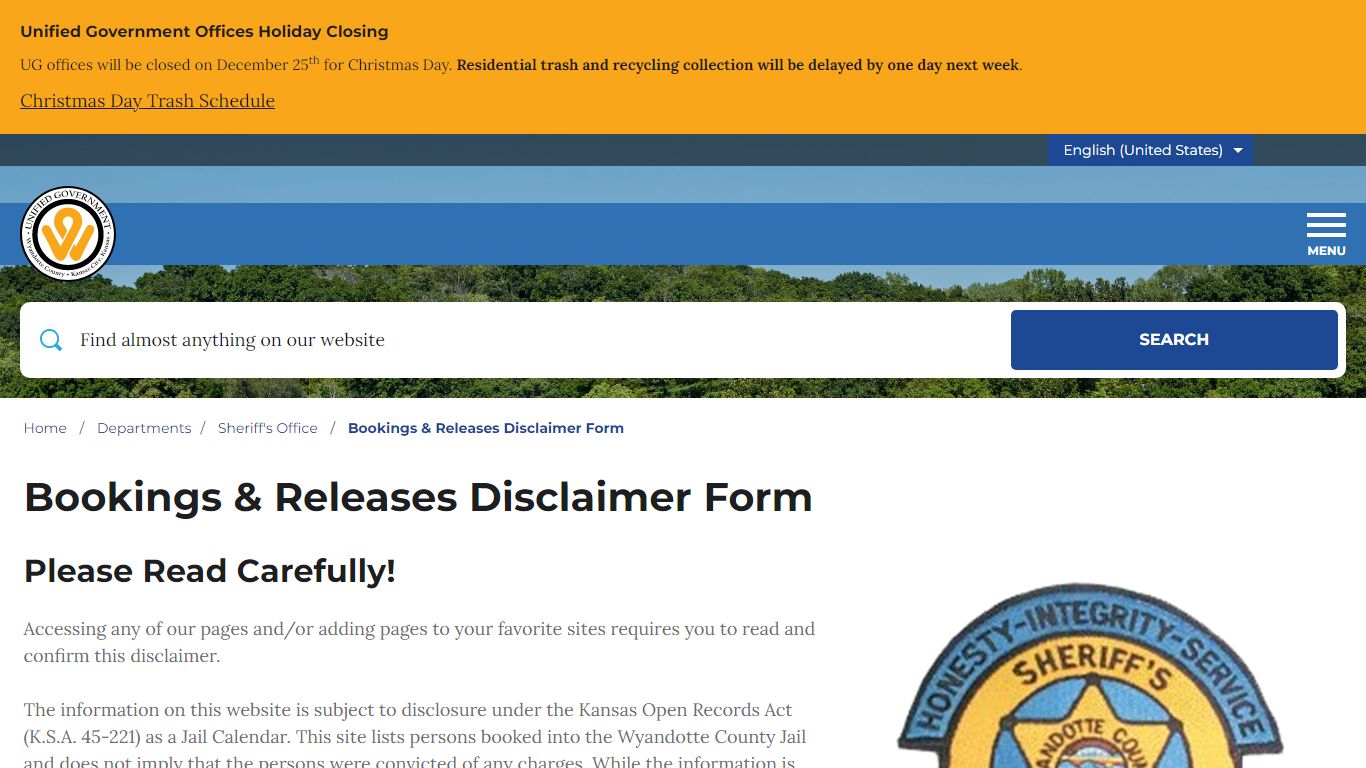 Bookings & Releases Disclaimer Form - Wyandotte County, Kansas
